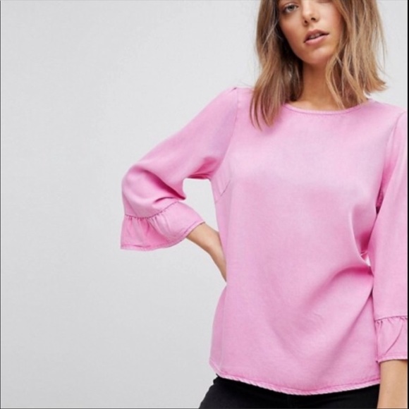 Vero Moda Chambray Top w Ruffle Sleeve Pink Denim - Picture 1 of 4